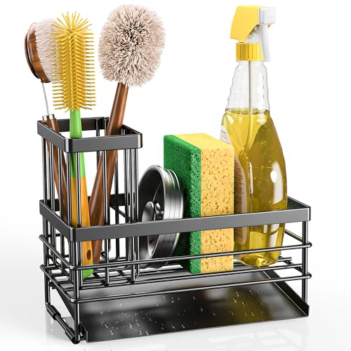 Sink Caddy Sponge Holder for Kitchen with Brush Holder and Stainless Steel Self Drain Tray (8.26'' / Black)