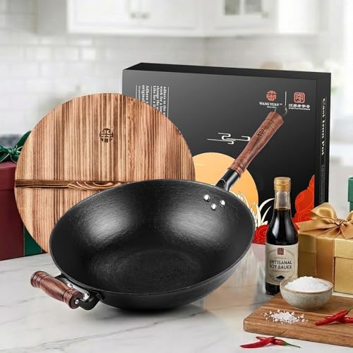 12.6 Inch Cast Iron Wok with Wooden Lid (12.6 Inch)