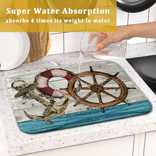 Nautical Anchor Dish Drying Mat 16x18 inch Coastal Boat Fast Dry Microfiber Reversible Dish Drainer Pad Kitchen Countertop Tabletop Decor (Marine Anchor / 16" x 18")