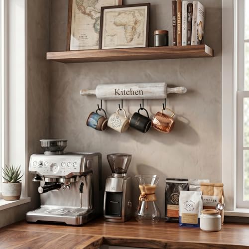 White Washed Wood Kitchen Utensil Rack with 4 Hooks (Whitewashed)