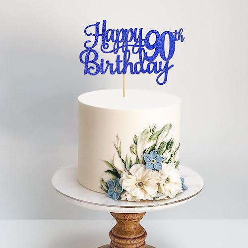 1 PCS Happy 90th Birthday Cake Topper Glitter Cheers to 90 Years Birthday Cake Pick Ninety 90 Fabulous Cake Decoration for Happy 90th Birthday Theme Party Decorations Supplies Blue (Blue / 90th)