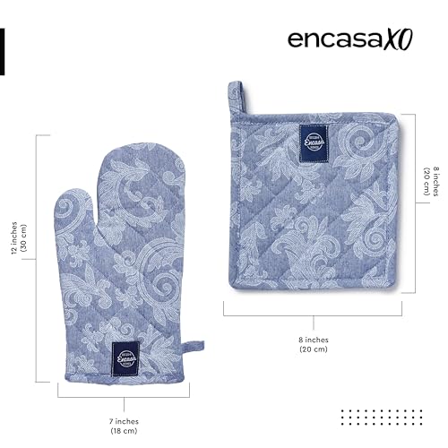 Oven Mitts and Pot Holders Set (Oven Glove + Pot Holder / Floral Blue)