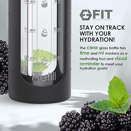 32 oz Glass Water Bottle with Time Marker Straw Lid Big Reusable Leakproof (Black Sleeve)