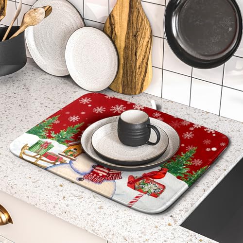 Winter Snowman Dish Drying Mat Red Bird Microfiber Dish Pad 16x18 Inch Absorbent Fast Dry Dishes Draining Mats Holiday Kitchen Accessories (Red Winter Snowman / 16" x 18")