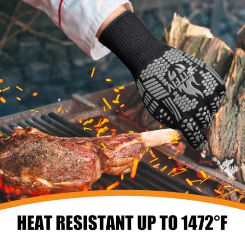 BBQ Gloves 1472°F Heat Resistant with Silicone Grip Oven Mitts (Gray / Long (Glove L 13.78" × Palm W 6.33"))