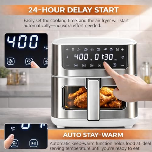 8-in-1 Air Fryer 6.34 Qt, Digital Preset Airfryer with Visible Window, Nonstick and Dishwasher-Safe Basket, Air Fry, Chicken, Pizza, Dehydrate, Fries, 90-Min Timer, 1700W, White (White-6.34Qt / 6.34 Qt)