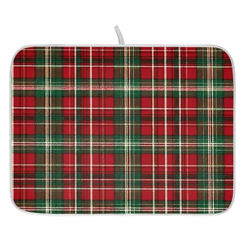 Christmas Red Green Buffalo Checkered Dish Drying Mat for Kitchen Counter Absorbent Microfiber Small Drying Pad Dish Mats for Kitchen Countertops 16 x 18 Inch (18" x 16")