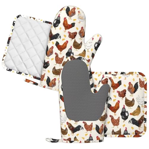 Rooster Hen Oven Mitts and Pot Holders Sets Silicone Rustic Domestic Animal Chicken Kitchen Mitts Potholders Heat Resistant 4Pcs Oven Gloves Hot Pads for Kitchen Baking Cooking BBQ Grilling (Rooster Hen)
