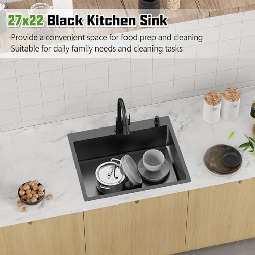 Black 27x22 Inch Drop In Kitchen Sink (27x22 | Black)
