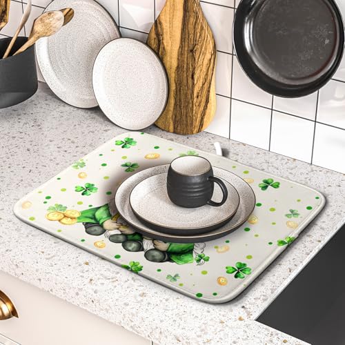 St Patrick's Day Gnome Dish Drying Mat 16x18 inch Lucky Shamrock Absorbent Reversible Dishes Drainer Rack Mat for Coffee Bar Kitchen Decor (Shamrock Gnome / 16" x 18")
