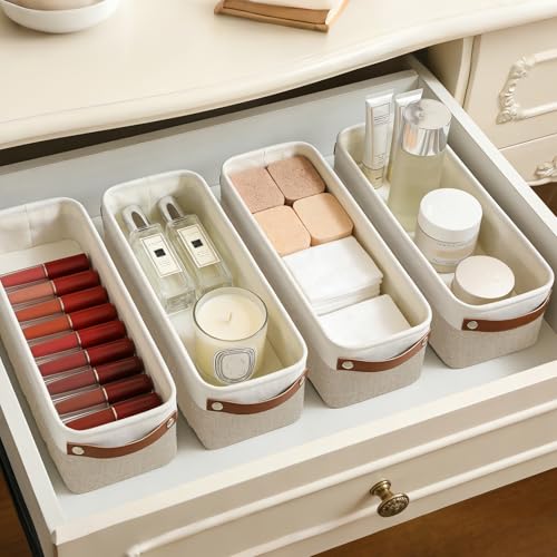 Small Fabric Storage Baskets (Beige / Off-White / Narrow-15"x6"x5")