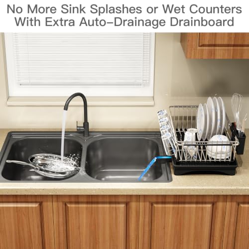 Expandable Dish Drying Rack Over Sink with Extra Drainboard (Silver / For 11.5"-16" W Sink with Cup Holder & Drainboard)