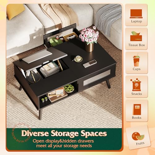 Coffee Table Lift Top Coffee Table with Storage Shelf (Retro Black / 39" with Drawer)