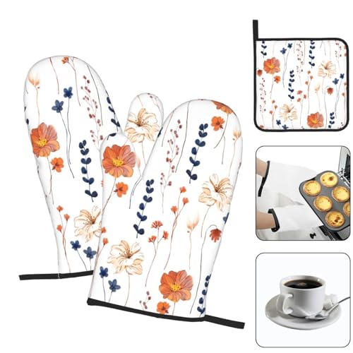 Watercolor Orange Floral Oven Mitts and Pot Holders Set Heat Resistant Non Slip Set of 3 Navy Blue and Orange Flower Decorative Kitchen Gloves Hot Pads for Cooking BBQ Baking Grilling (3 Count)