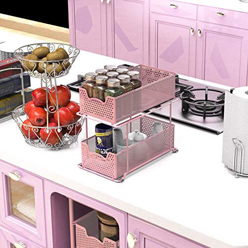 2 Tier Sliding Cabinet Basket Organizer Drawer (Pink / 1-Pack)