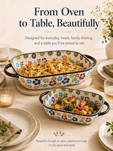 2 Piece Polish Pottery Style Ceramic Baking Dish Set (Meadow Mosaic)