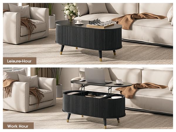 Oval Lift Top Coffee Table with Storage for Living Room (Matte Black)