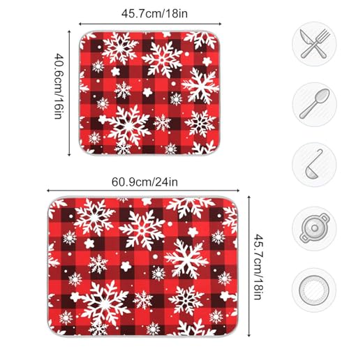 Snowflakes Christmas Tartan Plaid Dish Drying Mat for Kitchen Counter Absorbent Microfiber Drying Pad (18" x 24")