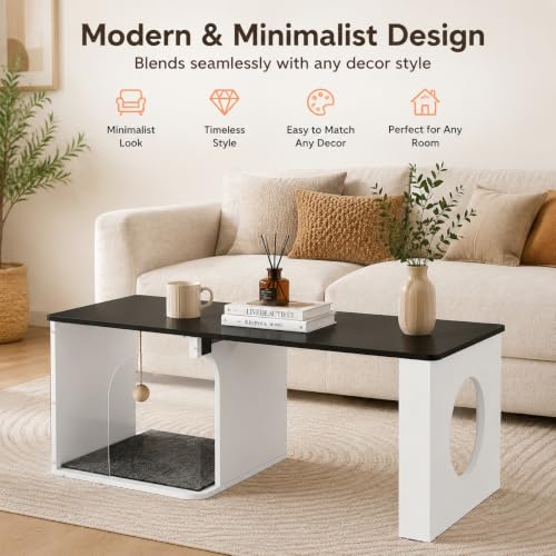 Coffee Table Cat House with Cat Scratcher Pad + Ball (Urban White / 47" with Shelf)