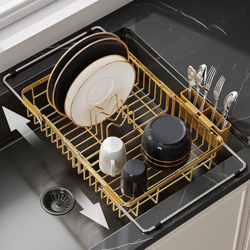 Gold Dish Drying Rack Over the Sink with Utensil Holder (Gold / For 12.5"-30"w Sink, Expandable)