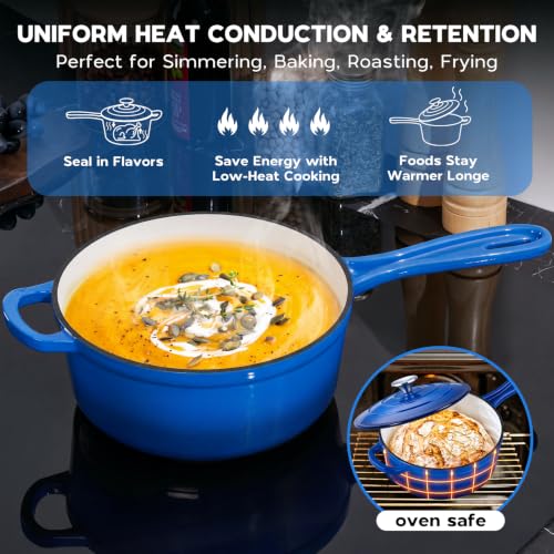 3QT Saucepan Enameled Cast Iron Sauce Pan Pot (Deep Blue / 3 Quarts)