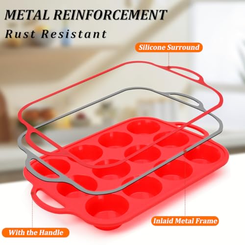 Silicone Muffin Pan with Metal Reinforced Frame Regular Size Muffin Pan with Handle Easy to Move 12 Cups for Baking Nonstick Muffin Tin BPA Free 1 Pack Red (Metal Framed: 12-Cup Regular)