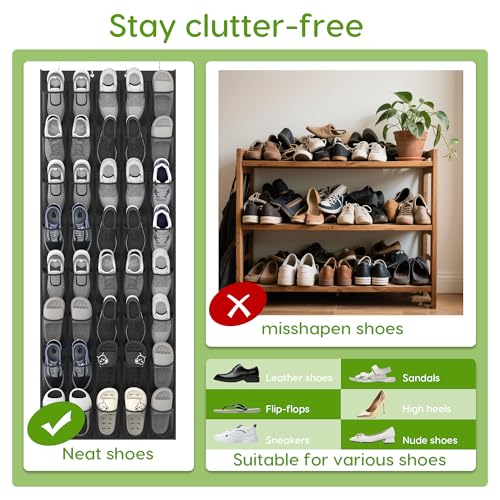 Over the Door Shoe Organizer with 40 Large Breathable Mesh Pockets (Black / 80 Pockets)