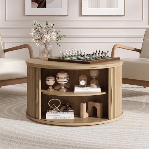 31.5" Round Lift Top Coffee Table with Storage for Living Room (Rustic Oak)
