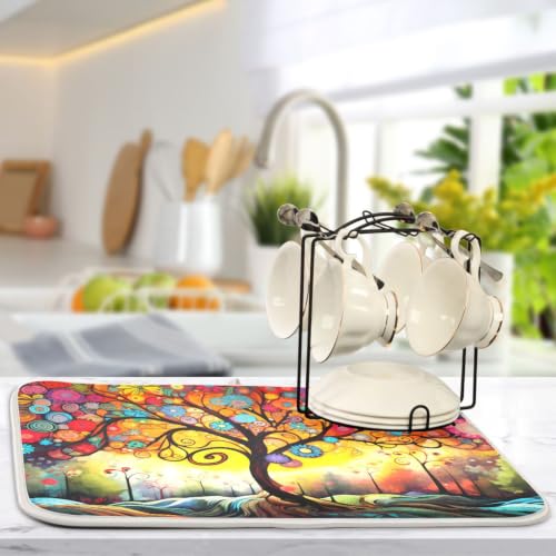 Abstract Tree Dish Drying Mat for Kitchen Counter Absorbent Microfiber Drying Pad (16" x 18")