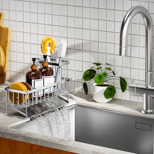 Extra Large Silver Kitchen Sink Caddy Organzier with High Brush Holder