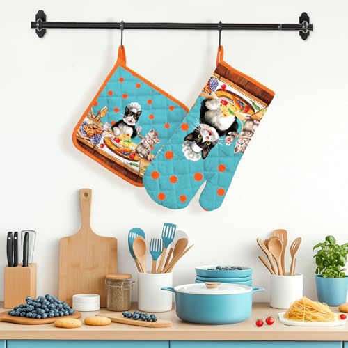 Cute Cat Oven Mitts and Pot Holders Set (Cat / Oven Mitt x1 & Pot Holder x1)
