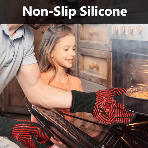 BBQ Gloves BBQ Accessories 1472℉ Extreme Heat Resistant (Black Red / One Size Fits Most(Regular Cuff))