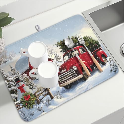 Red Truck Dish Drying Mat Winter Xmas Tree Drainer Rack Pad 18"x24" Microfiber Absorbent Quick Dry Dish Sink Mat for Table Kitchen Counter (Red Truck Snowman / 18x24 inch)