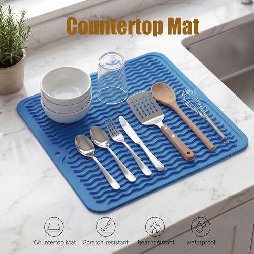 Silicone Dish Drying Mat for Multiple Usage (Lichen Blue / 12"L x 12"W)