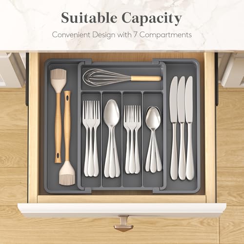 Expandable Silverware Drawer Organizer (Dark Gray / Medium Wide(8.5-14''W x 12''D))