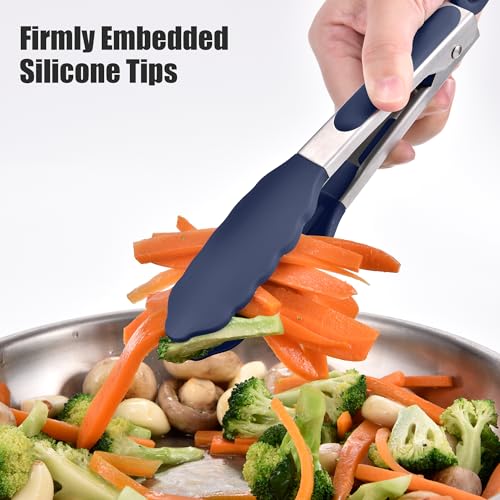 Kitchen Tongs with Silicone Tips for Cooking Serving (7in / Navy Blue)