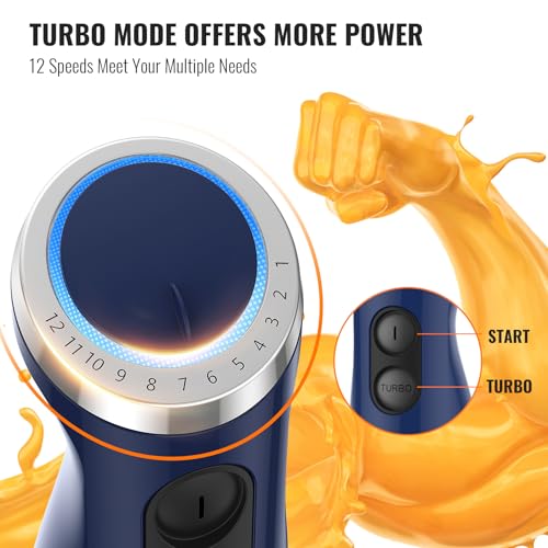 5-in-1 Hand Immersion Blender, 12 Speed Adjustable Emulsifier Handheld Blender, 1000W Copper Motor Stainless Steel Blade Hand Mixer with attachments, Blue (Blue)