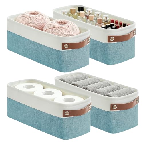 Small Fabric Storage Baskets (Teal / Off-White / Narrow-15"x6"x5")