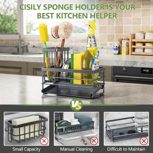 Sink Caddy Sponge Holder for Kitchen with Brush Holder and Stainless Steel Self Drain Tray (8.26'' / Gray)
