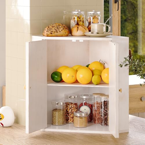 Corner Bread Box for Kitchen Counter Double Layer Bamboo Bread Storage Container Large Capacity Bread Storage Bin Farmhouse Breadbox Organizer (Antique White)