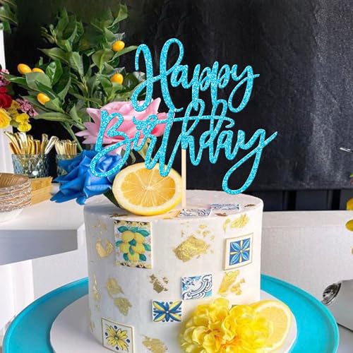 1 PCS Happy Birthday Cake Topper Glitter Happy Birthday Cake Pick for Celebrating Happy Birthday Anniversary Theme Party Cake Decorations Supplies Light Blue