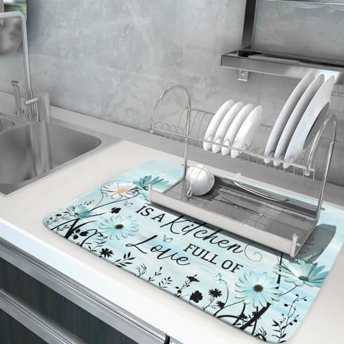 Blue Daisy Dish Drying Mat 18x24 Inch Love Kitchen Absorbent Microfiber Washable Fast Drying Pad Dishes Rack Mat for Kitchen Counter (home happiness blue / 18" x 24")