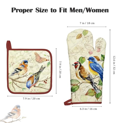 Vintage Bird Oven Mitts and Pot Holders Set (Retro Bird / Oven Mitt x1 & Pot Holder x1)