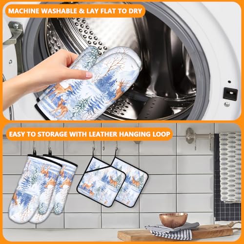 Deer in Snow Oven Mitts and Pot Holders Sets 4Pcs (Deers)