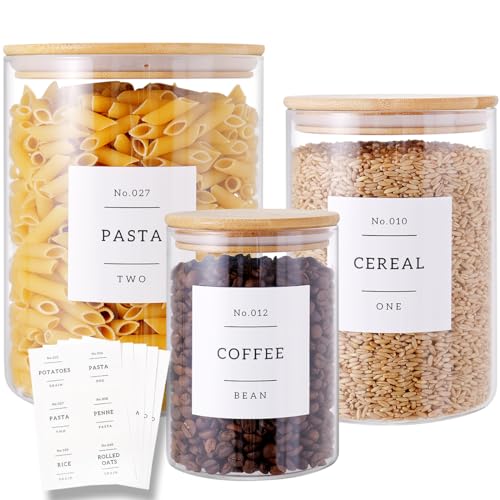 3 Pcs Glass Canisters with Airtight Bamboo Lids and 42 Kitchen Pantry Labels Preprinted