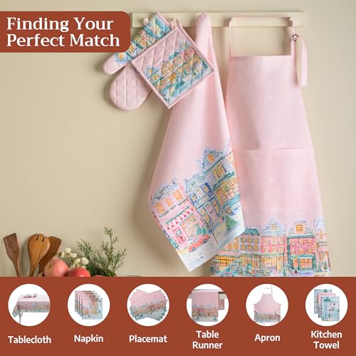 Maison d'Hermine Oven Gloves 100% Cotton Oven Mitt (124 - Christmas Market - Pink / 7.5" x 13" (Oven Mitt))