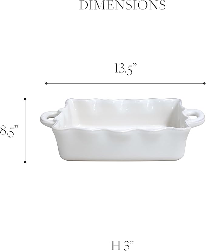 Casafina Ceramic 13.5" x 8.5" Rectangular Ruffled Baker - Cook & Host Collection, White | Oven & Dishwasher Safe Bakeware | Food Safe Glazing | Restaurant Quality Dinnerware