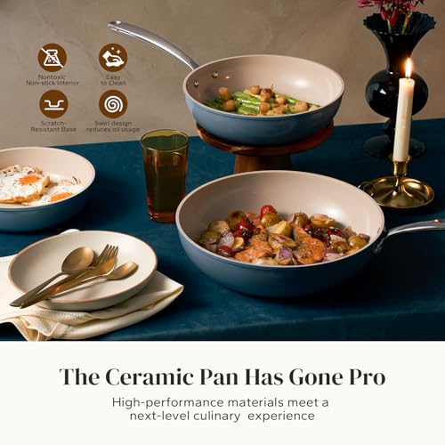 Ceramic Frying Pans Set Nonstick with Lid 4Pcs Cooking Pan Skillets (Blue / 8/9.5/11" with Lid)