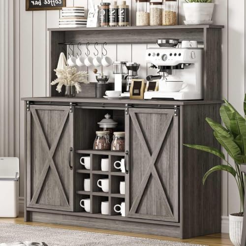 47" Coffee Bar Cabinet with Storage Hutch & Wine Rack (47Inch / Grey)