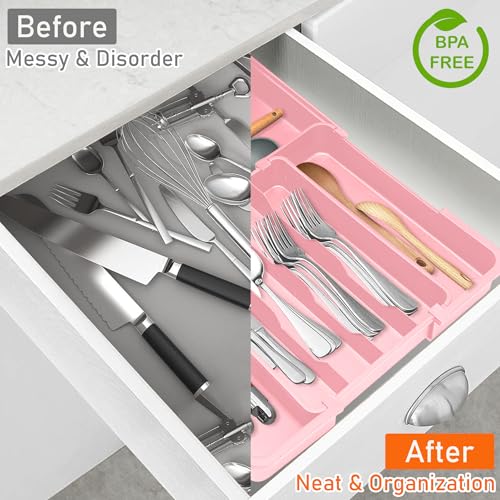 Expandable Silverware Drawer Organizer (Pink / M(9.5-15.2"W x 12.6-19"D))